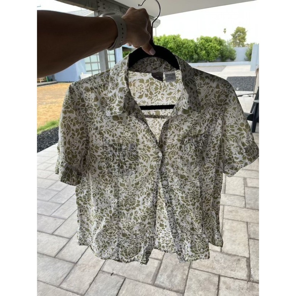 Fisherman Casuals Olive Green White Damask Floral Cotton Button Shirt L